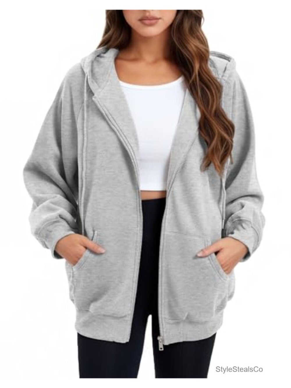 Oversized Zip Up Hoodie Women Casual Cotton Blend Sweatshirt with Pockets